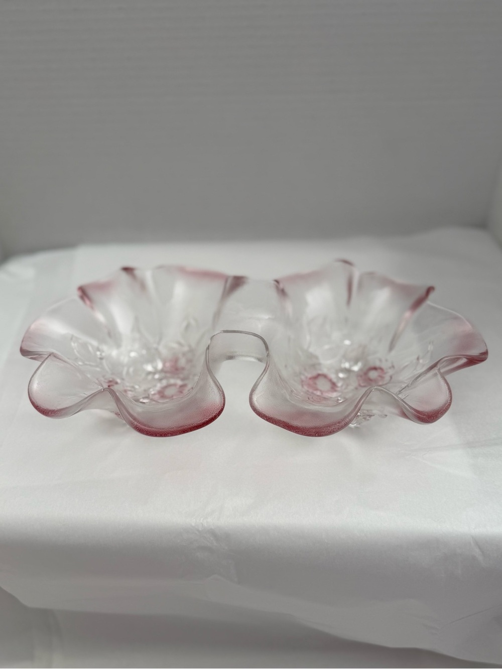 Mikasa Rosella Crystal Double Candy Dish Ruffled Pink Edge Floral Embossed